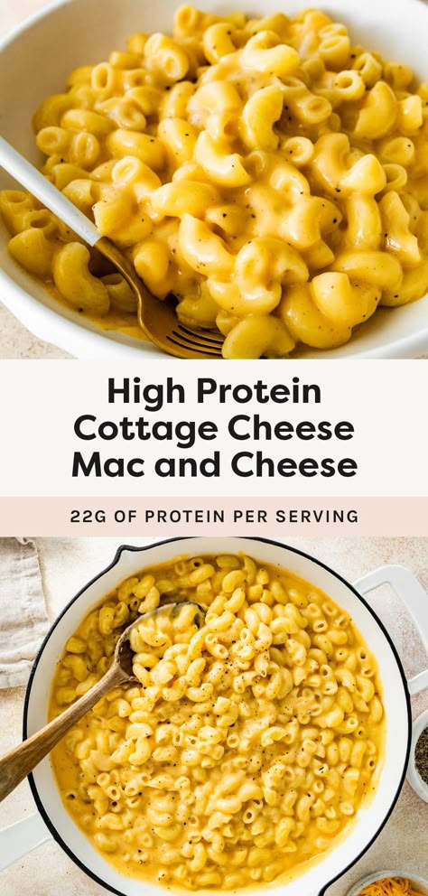 This cottage cheese mac and cheese cooks up in under 30 minutes and is packed with 22 grams of protein. It's rich, creamy and the perfect family-friendly meal for busy weeknights. Healthy Lunch Recipes Protein, Protein Macaroni And Cheese, Whole 30 Mac And Cheese, Easy College Meals Healthy Microwave Recipes, Cottage Mac And Cheese, Crockpot Protein Mac And Cheese, Macro Friendly Cottage Cheese Recipes, Cottage Cheese Based Sauce, Cottage Cheese And Pasta Recipes