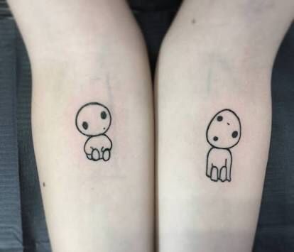 Soot Sprite Matching Tattoo, Matching Tattoos Ghibli, Gibli Studio Tattoo Minimalist, Studio Ghibli Stick And Poke, Matching Tattoos Studio Ghibli, Simple Ghibli Tattoo, Matching Ghibli Tattoos, Stiches Tattoos, Simple Studio Ghibli Tattoo