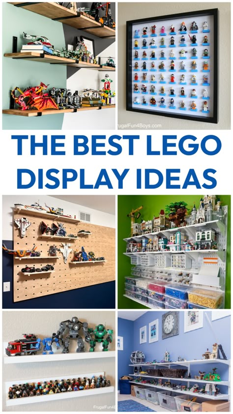 Lego Figures Storage, Shelf For Lego Sets, Display Shelves For Legos, Best Lego Display Ideas, Display Shelves For Collectables Bedroom, Kids Lego Shelf, Boys Bedroom Lego Storage, Lego Shelving Display, Cool Lego Display Ideas