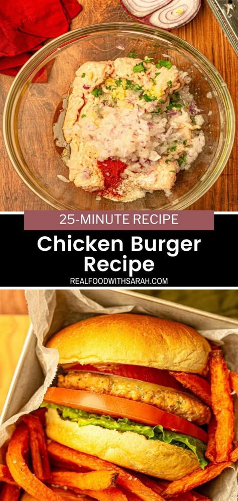 These Chicken Burgers are healthy, made with simple ingredients and are the perfect meal for the whole family. They are done in under 25 minutes! Diy Chicken Burgers, Canned Chicken Burgers, Healthy Chicken Burgers Clean Eating, The Best Chicken Burgers, Healthy Ground Chicken Burgers, Ground Chicken Burgers Air Fryer, Low Calorie Chicken Burgers, Easy Chicken Burgers, Homemade Chicken Burgers Patty