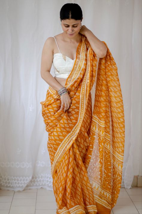 Hand block printed kota silk Chakori Ethnic, Saree Orange, Saree Women, Kota Silk Saree, Block Print Saree, Print Saree, Ethnic Sarees, Linen Saree, Indigo Colour