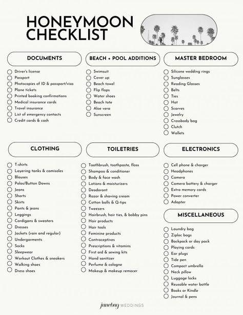 Honeymoon Planning Checklist, Honeymoon Checklist, Honeymoon Activities, Honeymoon Bag, Honeymoon Packing List, Honeymoon Essentials, Honeymoon Packing, Honeymoon Tips, Honeymoon Inspiration