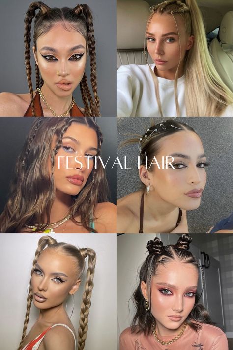 Festival season, festival hairstyles, braids, buns Festival Hairstyles Braids, Acl Fits, Rave Braids Festival Hair, Techno Festival Outfit, Summer Festival Hair, Hairstyles Festival, Hard Summer Festival Outfit, Hard Summer Festival, Easy Festival Hair