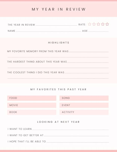 Before we move forward, let's look back! Wrap up your year with one of these free printable year-in-review pages. Perfect for the whole family!

#freeprintables #freeprintable #printable #printables #yearinreview #newyear #newyearprintables #2021inreview #2021recap #newyearactivities #newyearactivity #lookingback #goals #newyearsresolutions #newyearresolution #goal #goalsetting #memories #memory New Year Goal Sheet Free Printable, My Year In Review 2023 Printable, Yearly Review Template, This Year I Will, Couples Year In Review, Year Review Template, End Of Year Reflection Template, New Years Resolution List Free Printable, New Years Resolution List Template