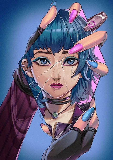 Jinx Skins League Of Legends, Blue Hair Character Art, Lol Jinx Art, Jinx Hair Down, Jinx Graffiti, Jinx Drawing, Ekko League Of Legends, League Of Legends Poster, Arcane Art