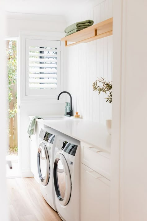 White Laundry Timber Benchtop, Laundry Vj Panelling, Vj Panel Laundry, Laundry White Cabinets, Vj Panelling Laundry, Modern Coastal Laundry Room, Laundry With Window, Organic Modern Laundry Room, Laundry With Toilet