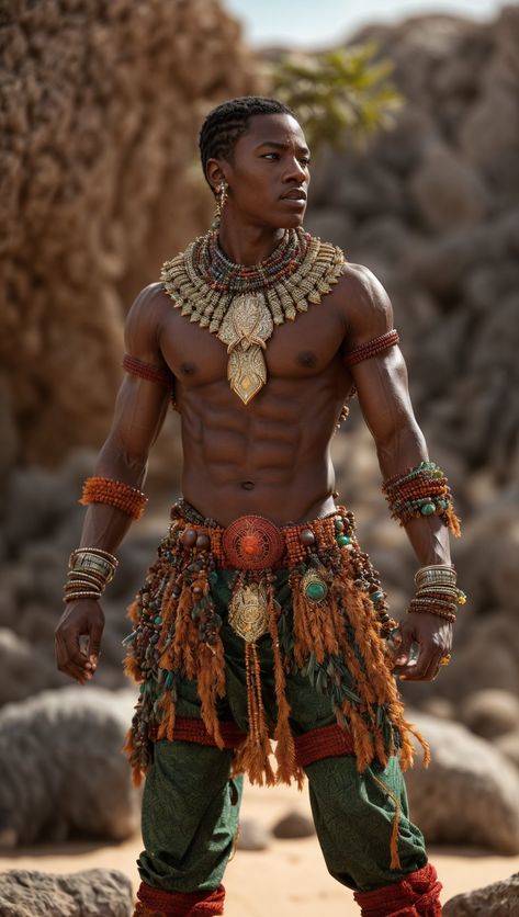 African Warrior Art Men, African Warrior Costume, African Tribe Clothing, African Warrior Character Design, Afrofuturistic Fashion, Zulu Men, Tribe Warrior, African Superhero, Egyptian Men