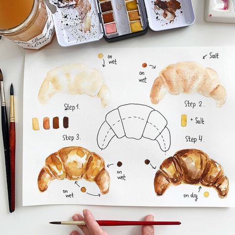 🖌WATERCOLOR BLOG#1🖌 on Instagram: “Delicious croissant step by step by @dearannart Amazing art! Agree? YES\NO Best watercolor: @watercolor_guide Use our tag:…” Watercolour Food, Food Watercolor, Watercolor Food Illustration, Food Tutorials, Food Art Painting, Best Watercolor, Watercolor Blog, Food Artwork, Art Sketches Doodles