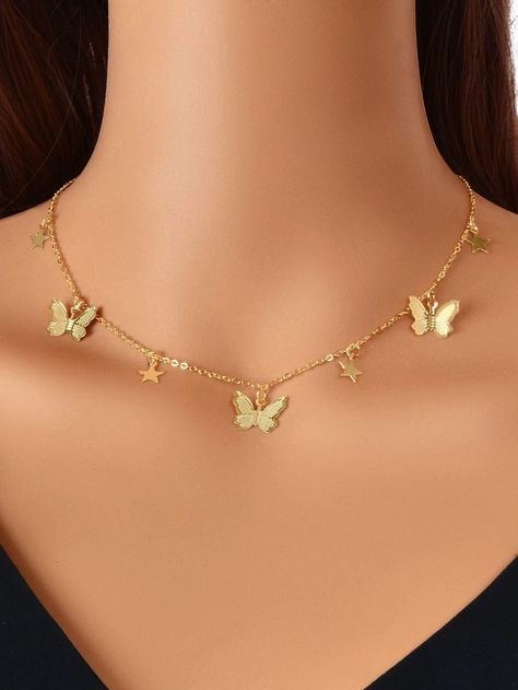 Cute Butterfly Jewelry, Gold Butterfly Jewelry Set, Girly Jewelry Necklaces, Aesthetic Pendant Necklace, Butterfly Jewelry Aesthetic, Gold Necklace Butterfly, Butterfly Jewelry Necklace, Jewelry Accessories Necklaces, Gold Butterfly Jewelry