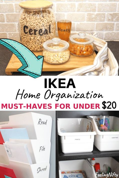 7 MUST-HAVE Ikea Organization Ideas that are under $20. Ikea hacks for the office, kitchen, toys in kids playroom and for the home. Ideas and hacks that can also be used for crafts storage using storage boxes and bins, organizing tips, pantry jar ideas, laundry room jars, drawer dividers for clothes, etc. Easy Ikea organization hacks that can be done on a budget  #ikeahacks #ikeaideas #ikeahack Ikea Organisation, Ikea Kitchen Storage, Ikea Must Haves, Ikea Organization Hacks, Ikea Kids Room, Pantry Jars, Ikea Crafts, Ikea Organization, Hacks Ikea