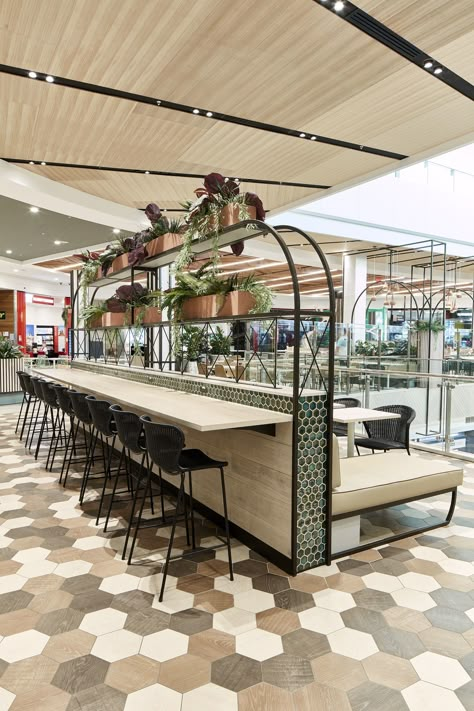 Hospitality design by Code Design for AMP Reception Counter Design Ideas, Food Hall Design Interiors, Open Food Court Design, Food Court Interior Design, Food Court Seating, Restaurant With Courtyard Plan, Retail Design Ideas, Food Court Interior, Food Hall Design