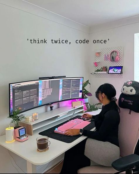 Girly Coding Aesthetic, Computer Scientist Aesthetic, Streaming Setup Ideas Aesthetic, Computer Set Up Aesthetic, Game Developer Aesthetic, Computer Setup Aesthetic, Gaming Desk Aesthetic, Coding Setup, Coding Girl