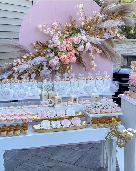 Pink And Gold Snack Table, Baby Shower Setup Ideas, Bridal Shower Layout, Sweet 16 Dessert Table Ideas, Baby In Bloom Dessert Table, Pink Dessert Tables, Desert Tables, Pink Party Theme, Pink Quince