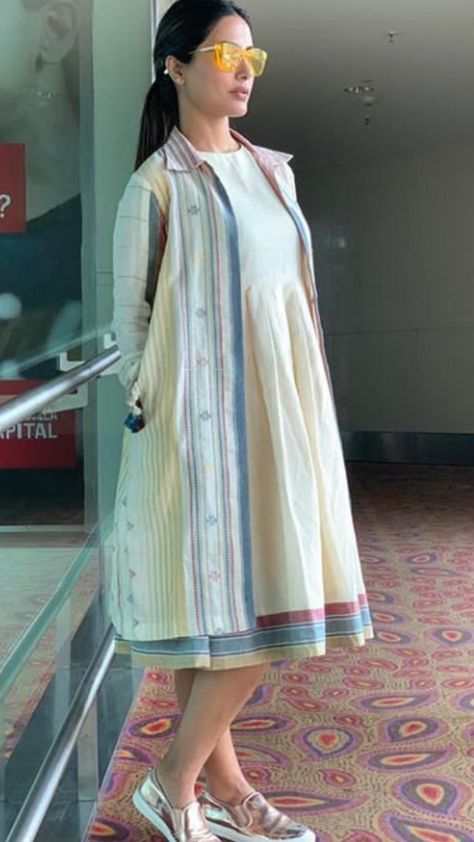 Beautiful Khadi kurti with jacket.  Superb detailing and embellishments. Khadi Designer Dress, Khadi Cotton Dress Design, Jacket Kurtis For Women, Khadi Dresses Fashion, Khadi Kurta Designs Women, Khadi Kurta Designs, Khadi Designs, Kurta With Jacket Women, Frock With Jacket