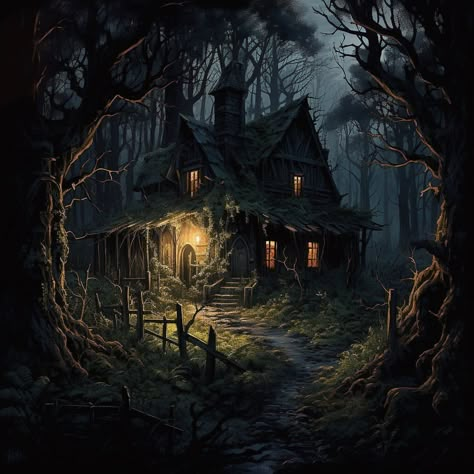 In the dense, foreboding woods, the creepy cottage emerges like a haunting apparition, its timeworn timbers creaking with the secrets of… | Instagram Cute Cottage Drawing, Creepy Cottage, Witch Cottage Aesthetic, Overgrown Cottage, Ancient Witch, Witch Cabin, Creepy Woods, Witches Woods, Wood Tattoo