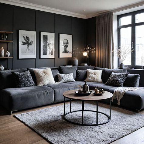 40 Black Couch Living Room Ideas for Modern Interiors Living Room Designs With Black Sofa, Black Sofa Living Room Decor Ideas Cozy, Black Sofas Ideas Living Room, Black Couches Living Room Ideas, Living Room With Black Couch, Living Room Black Couch, Black Aesthetic Home, Black Couch Living Room Ideas, Cosy Living Room Decor