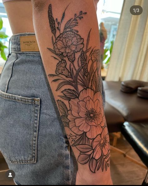 Birth Flower Tattoo Sleeve Ideas, Tattoo Ideas Flower Sleeve, Flowers On Arm Tattoo Half Sleeves, Womens Tattoos Forearm, Feather Bouquet Tattoo, Birth Flower Tattoos Sleeve, Flower And Barbed Wire Tattoo, Peonies Sleeve Tattoo, Arizona Tattoo Sleeve