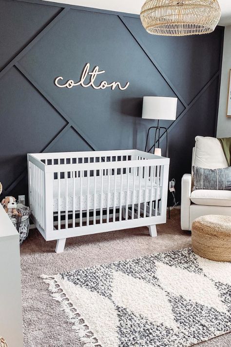 The following best nursery ideas for 2022 comes from inspiring homes around the world that were brought to life from parents just like you.Let these 50 best nursery ideas inspire you to pack your baby's room with major style Simple Accent Wall Ideas Nursery, Nursery Wall Wood Design, Baby Nirsey Ideas, Navy Board And Batten Wall Nursery, Accent Wall With Wood Design Nursery, Simple Accent Wall Nursery, Baby Room Colors Boy, Wood Wall Design Ideas Nursery, Grey And Blue Nursery Ideas