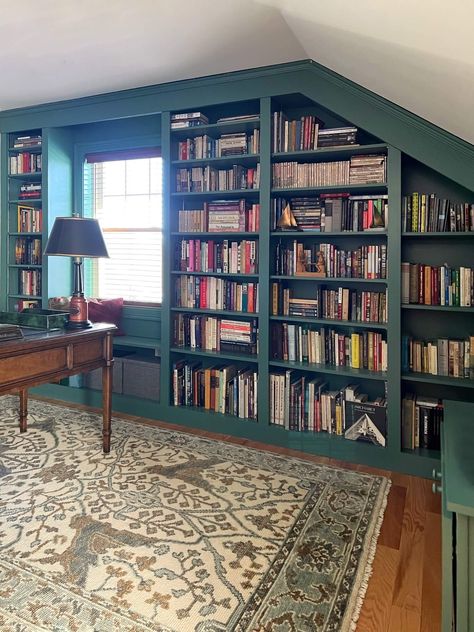 JRL Interiors — A Cozy Library and Home Office Tucked Under the Eaves Home Office With Library, Office With Library, Green Library Room, Lafayette Green, Painted Library, Green Forest Aesthetic, Shades Of Green Paint, Green Bookshelf, Closet Library