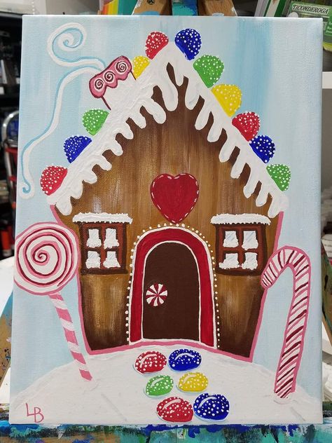 Ginger Bread House Painting Ideas, Gingerbread Acrylic Painting, Gingerbread House Acrylic Painting, Gingerbread Man Canvas Painting, Cartoon Christmas Painting, Diy Santa Painting, Gingerbread Man Painting On Canvas, Christmas Canvas Art Ideas, Christmas Scenery Paintings Easy