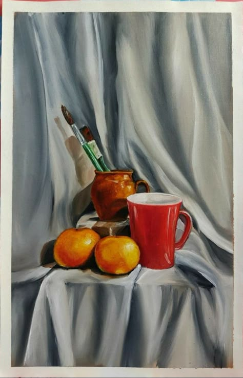 Still life in Beautiful drapery with orange,cup and brushes Still Life Drawing With Drapery, Drapery Painting Still Life, Still Life Oil Painting Ideas, Still Life With Fabric, Autumn Still Life Drawing, Still Life With Oranges, Painted Still Life, Digital Painting Still Life, Painting Ideas Still Life