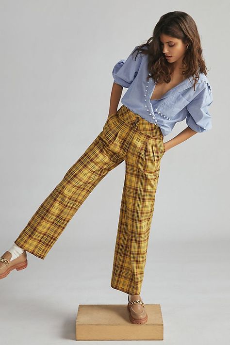 Anthropologie Style Outfit, Work Pants Women, Anthropologie Style, Chunky Loafers, Yellow Plaid, Wide Leg Pant, Plaid Pants, 50 Fashion, Pants Women