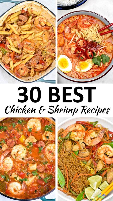 Recipes With Chicken And Shrimp, Ground Chicken And Shrimp Recipes, Chicken Shrimp Rice Recipes, Shrimp And Chicken Recipes Dinners, Baked Chicken And Shrimp Recipes, Healthy Chicken And Shrimp Recipes, Chicken And Shrimp Dinner Ideas, Chicken And Seafood Recipes, Chicken Thigh And Shrimp Recipes