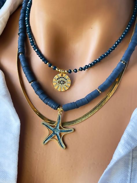 Bohemian Blue Layered Gold Plated Chain Charm Necklace Set, Fashion Layered Jewelry Set, Pendant Set, Blue Stone Evil Eye Bohemian Necklace - Etsy Türkiye Handmade Necklace Tutorial, Diy Necklaces, Bohemian Jewellery, Trending Necklaces, Layered Necklace Set, Multi Layer Necklace, Layered Fashion, Summer Bracelets, Bohemian Necklace