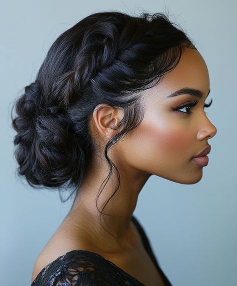 🔮 Elegant Bridesmaid Braid Updo Glamorous Braids Updo Hairstyle Afro Bridesmaid Hairstyles, Black Hair Wedding Styles Brides, Low Bun Face Framing Pieces, Sisterlocks Wedding Hairstyles, Bridal Hairstyle Black Women, Wedding Hair Updo Black Women, Black Woman Updo Hairstyles, Wedding Hair Bun Low, Twisted Bun Hairstyles