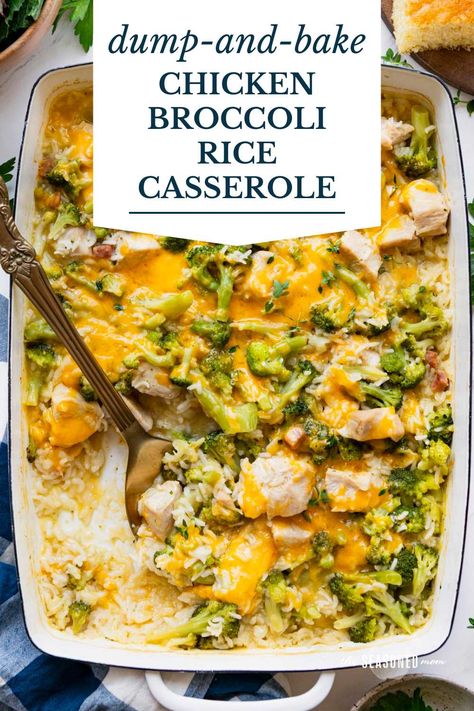 With about 10 minutes of prep, this dump-and-bake chicken broccoli rice casserole is an easy dinner that cooks in one dish! There's no need to pre-cook the rice, pre-cook the chicken, or sauté the veggies, so the comfort food meal is an ideal option to pop in the oven for busy nights. Chicken Broccoli Rice Cheese Casserole, Chicken Rice Bake, Broccoli Recipes Casserole, Chicken Broccoli Rice Casserole, Chicken Broccoli Rice, Easy Chicken And Rice, Cooked Chicken Recipes, Chicken Rice Casserole, Bake Chicken