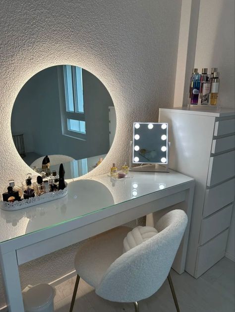 makeupvanity vanity Vanity Ideas Bedroom Circle Mirror, Vanity Mirror On Desk, Vanity Desk Inspiration, Mirror Led Lights Bedroom, Desk With Circle Mirror, Desk With Mirror Vanity Ideas, Vanity With Circle Mirror, Bedroom Circle Mirror, Circle Mirror With Lights