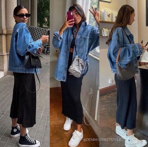 Denim Shirt Outfit, Long Denim Jacket, Jacket Outfit Women, Denim Jacket Outfit, Denim Skirt Outfits, Mode Casual, Mode Inspo, Denim Jackets, Looks Style