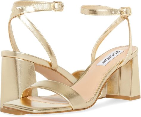 Amazon.com | Steve Madden® Luxe Block Heeled Sandals for Women – Leather Upper and Lining – Adjustable Buckle Closure Gold 8.5 M | Heeled Sandals Hoco Shoes Short Heels, Hoco Heels, Hoco Shoes, Quince Stuff, Hoco 2024, Gold Wedding Shoes, Homecoming Shoes, Make Money On Amazon, Hoco Dress