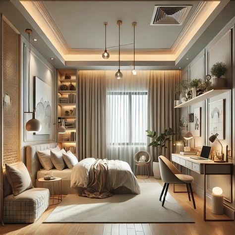 Soft tones and functional elegance – a bedroom designed for rest and inspiration. Bedroom Office Combo Layout, Bedroom Office Combo, Study Table Designs, Library Bedroom, Queen Beds, Bedroom Office, Beautiful Homes, Bedroom Design, Bedroom Decor