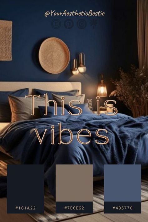 Navy Blue And Cognac Bedroom, Blue Palette Bedroom, Navy Bedroom Ideas Color Palettes, Color Palette For Master Room, Neutral Blue Bedroom Ideas, Bedroom Color Schemes Relaxing Blue, Navy Blue Earthy Bedroom, Dark Blue And Tan Bedroom, Dark Blue Accent Bedroom