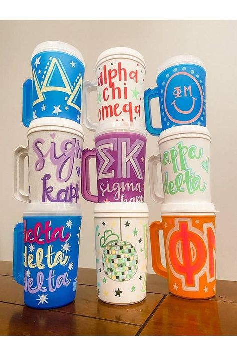 Hand-Painted Sorority Mugs: Phi Mu Designs Sorority Gifts Diy, Sorority Canvas Art, Sorority Baskets, Sorority Coolers, Big/little Baskets, Sorority Themes, Sorority Cups, Little Baskets, Big Little Basket