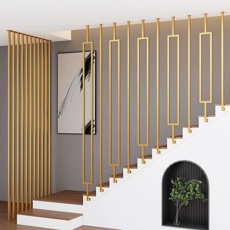 Stair Railings Entrance U-Shaped Stair Handrail Modern Style Square Tube Design Handrail Gold Wrought Iron Decorative Railing For Corridor Attic Porch Safety Hand Rail (Size : 30cm/11.8inch) : Amazon.ca: Tools & Home Improvement Brushed Brass Stair Railing, Stairs Partition Design Modern, Cnc Handrail Design, Modern Hand Rail Design, Stair Designs Ideas, Wrought Iron Staircase Railing, Duplex Railing Design, Hand Rail Design, Railing Stairs Design