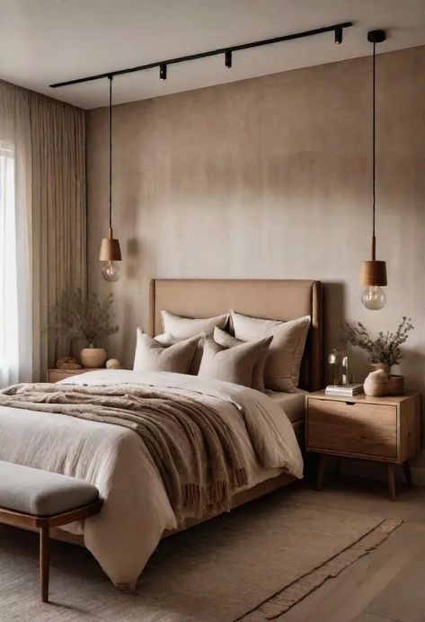 Neutral Beige Bedroom, Minimalist Guest Bedroom, Cozy Modern Bedroom Ideas, Modern Cozy Bedroom Neutral, Square Bedroom Ideas, Minimalist Neutral Bedroom, Modern Country Bedroom, Neutral Bedroom Design, Vibe Bedroom