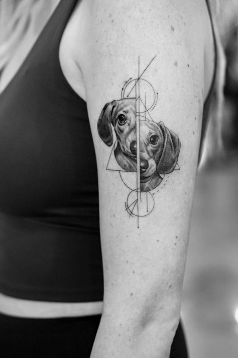 Split geometric fine line portrait of two dogs tattoo done single needle west coast black and grey LA style Dog Portrait Tattoo, Dog Memorial Tattoos, Tattoo Background, Illustration Tattoo, Silhouette Tattoos, Forearm Tattoo Women, E Tattoo, Memorial Tattoos, Aesthetic Tattoo