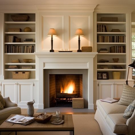 Bookshelves Fireplace, Fireplace With Built Ins, Shelves Around Fireplace, Bookshelves Around Fireplace, Style Bookshelves, Alcove Ideas Living Room, Fireplace Bookcase, Built In Around Fireplace, Fireplace Bookshelves