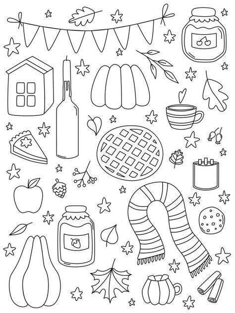 Hand drawn outline autumn sketch. Doodle set elements. Fall coloring book. Cozy warm cottegecore. Vector cartoon illustration. Fall Tree Doodle, Fall Doodles Autumn Simple, Aesthetic Fall Coloring Pages, Cozy Tattoo Ideas, Fall Doodles Easy, Easy Fall Coloring Pages, Cute Fall Doodles, Fall Doodles Autumn, Cozy Doodles