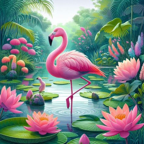 Flamingos Art Illustration, Flamingo Projects, Flamingo Drawing, Pink Flamingo Wallpaper, Free Fonts For Cricut, Flamingo Pictures, Drawing Scenery, Flamingo Wallpaper, Tropical Flamingo