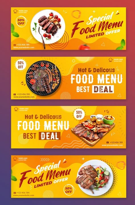 Restaurant Website Design, Banner Design Layout, Brochure Design Creative, Restaurant Poster, Food Template, Desain Buklet, Banner Design Inspiration, Food Banner, Food Menu Design