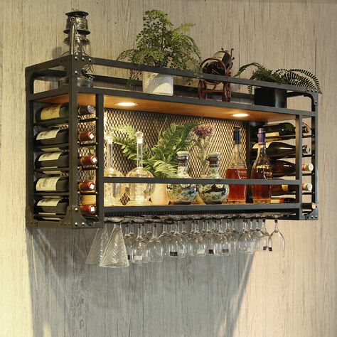 Bar hanging hanger iron household ceiling bar restaurant decoration hanging cabinet wine cabinet bar upside down tall cup holder Industrial Wine Racks, Hanging Wine Glass Rack, Metal Floating Shelves, Coin Bar, Hanging Wine Rack, Bar Sala, Wine Bar Cabinet, Wine Rack Storage, Wall Mounted Wine Rack