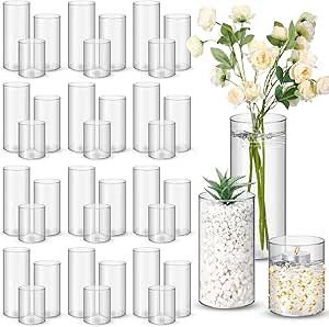 Nuogo 36 Pcs Plastic Cylinder Vases 4''/6''/8'' Tall Clear Flower Vases for Centerpieces Hurricane Candle Holder for Home Wedding Office Party Formal Dinners Decorations Flower Arrangements For Centerpieces, Low Cost Centerpieces, Tall Vases Wedding Centerpieces, Engagement Party Inspo Decor, Simple Centerpieces For Party Birthday, Circle Table Centerpieces, Simple Table Decor Wedding, Sage Green Centerpieces, White Rose Centerpiece Wedding