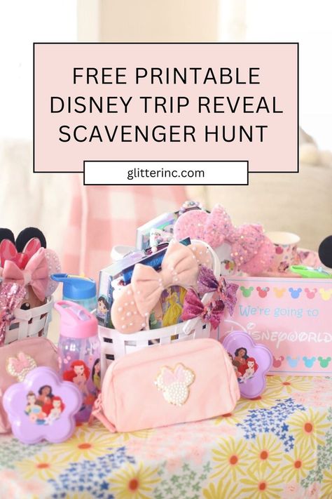 Plan a Disney trip reveal scavenger hunt to surprise your kids with a Disney World Trip! This free activity includes creative clues and ideas on how to tell the kids about a Disney trip. It's a fun and exciting way to announce your trip and make the vacation surprise unforgettable. Disney Trip Reveal Scavenger Hunt, Trip Reveal Scavenger Hunt, Surprise Trip Reveal Ideas Kids, Free Scavenger Hunt Printables, Surprise Disney Trip Reveal, Surprise Disney Trip, Surprise Basket, Disney Vacation Surprise, Disney World Gifts