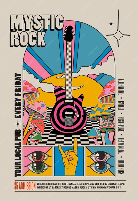 Premium Vector | Vector retro vintage styled psychedelic rock music concert or festival flyer or poster design template Music Band Poster Design, Music Festival Vibes, Band Branding Design, La Olympics, Pop Music Poster, Pop Art Logo, Poster Grafico, Concert Poster Design, Poster Graphic Design