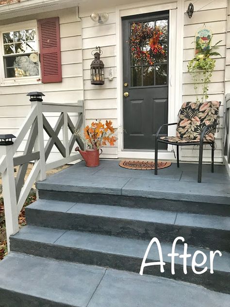 StyleWise: Budget Friendly Concrete Patio and Stairs Makeover Cement Front Steps Makeover, Diy Concrete Steps, Steps Makeover, Concrete Front Steps, Cement Steps, Paint Concrete Patio, Patio Stairs, Concrete Patio Makeover, Front Porch Steps