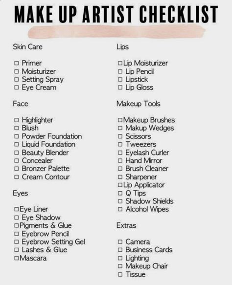 Basic Makeup List For Beginners, Starting Makeup Business, Makeup Notes Ideas, Makeup Essentials For Beginners List, Mua Names Ideas, Makeup Buisness Ideas, Makeup Prices List, Makeup Artist Service List, Makeup Artist Must Haves Products