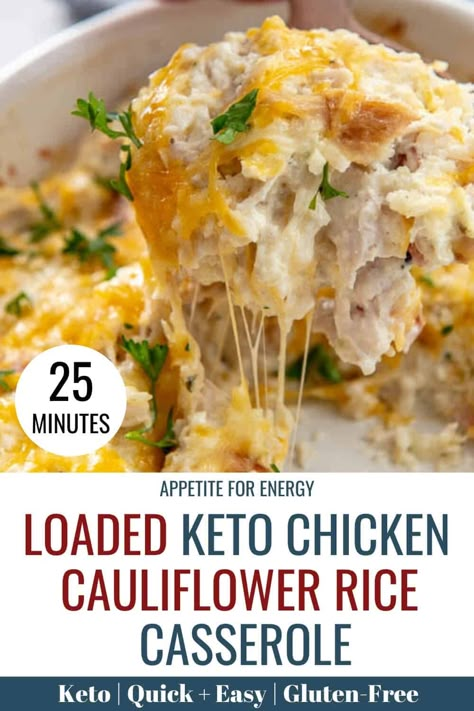 Baked to perfection, KETO Chicken Cauliflower Rice Casserole is loaded with 2 cheeses, crispy bacon, cauliflower rice and rotisserie chicken making the healthiest and quickest low-carb cauliflower bake you'll find. This simple and easy keto family dinner or side dish will be on the table in under 30 minutes. Great for gluten-free, ketogenic, low carb and diabetic diets. #ketocauliflowerrecipes #cauliflowercasserole #cauliflowerbake #glutenfree #ketogenic Keto Chicken Cauliflower Rice, Chicken Cauliflower Rice Casserole, Chicken Cauliflower Rice, Cauliflower Rice Casserole, Cauliflower Bake, Bacon Cauliflower, Chicken Cauliflower, Low Carb Casseroles, Keto Casserole